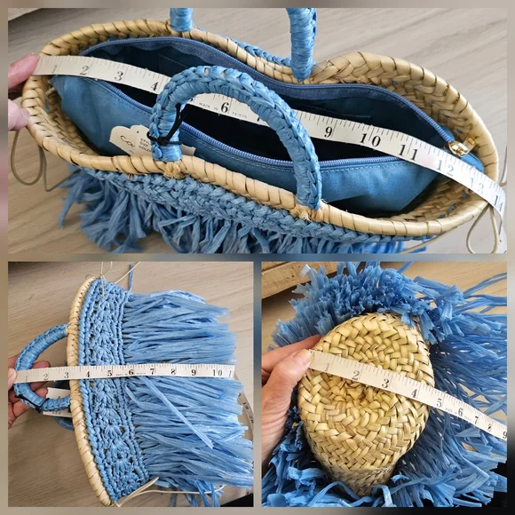 Caterina Bertini Fringe Straw Mini Tote Blue Made In Italy - Picture 16 of 17
